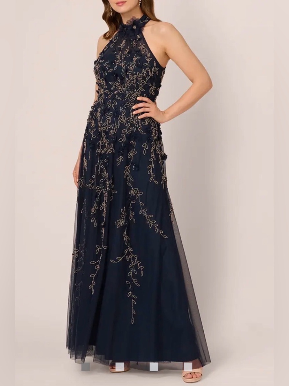 Adrianna Papell Navy Halter Maxi Gown with Gold Vine Embroidery